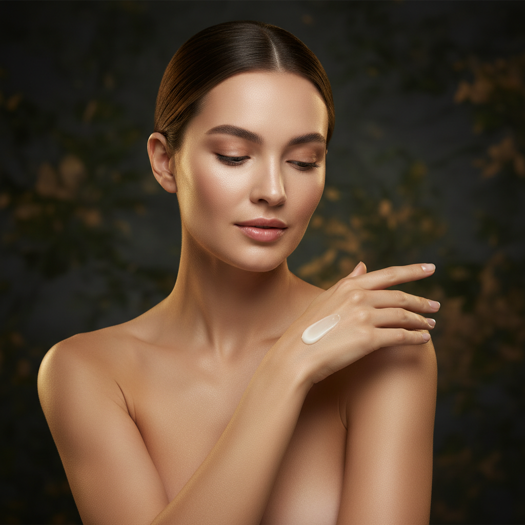 Woman applying luxury botanical body lotion — L'Essence Royale skincare